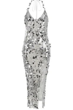 Bainha de prata Halter V-Neck Sequins Tassel Vestido de festa