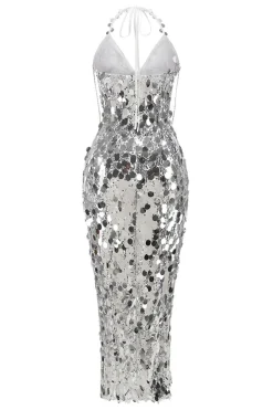 Bainha de prata Halter V-Neck Sequins Tassel Vestido de festa