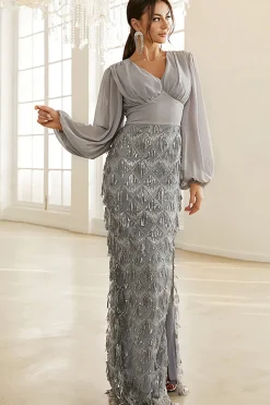 Bainha de prata mangas compridas Mãe do vestido da noiva com fenda
