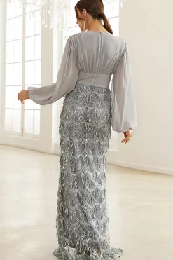 Bainha de prata mangas compridas Mãe do vestido da noiva com fenda
