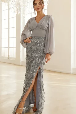 Bainha de prata mangas compridas Mãe do vestido da noiva com fenda