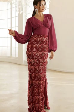 Bainha de prata mangas compridas Mãe do vestido da noiva com fenda