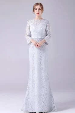 Bainha de renda de prata mangas longas comprimento do chão mãe do vestido da noiva