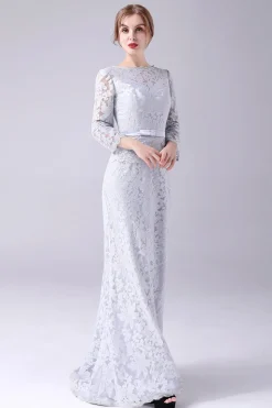 Bainha de renda de prata mangas longas comprimento do chão mãe do vestido da noiva