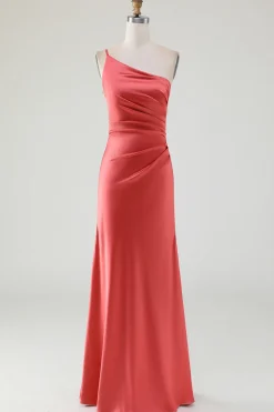 Bainha de terracota Um ombro Floor-Length plissado vestido de dama de honra de cetim