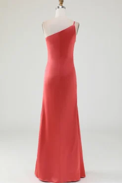 Bainha de terracota Um ombro Floor-Length plissado vestido de dama de honra de cetim