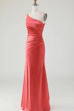 Bainha de terracota Um ombro Floor-Length plissado vestido de dama de honra de cetim