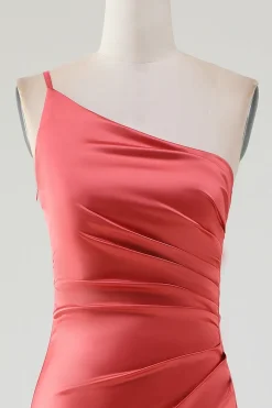 Bainha de terracota Um ombro Floor-Length plissado vestido de dama de honra de cetim