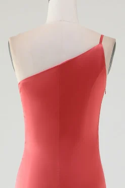 Bainha de terracota Um ombro Floor-Length plissado vestido de dama de honra de cetim