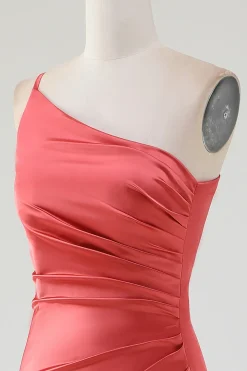 Bainha de terracota Um ombro Floor-Length plissado vestido de dama de honra de cetim