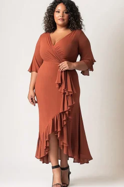 Bainha de terracota V pescoço plus size mãe do vestido de noiva com babado
