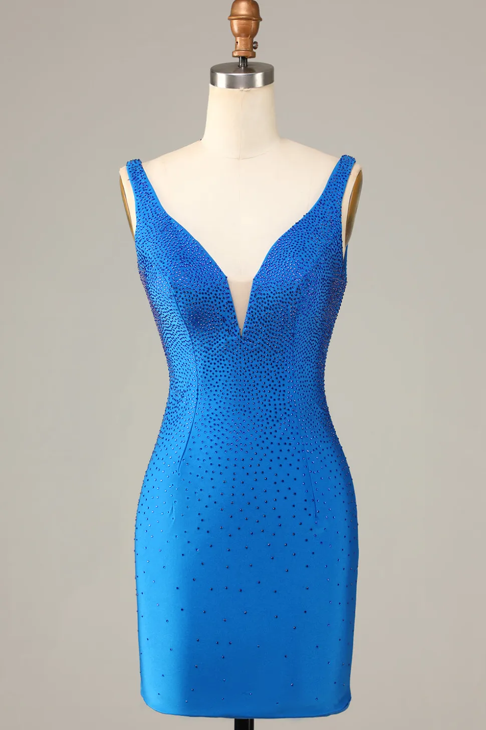 Bainha Deep V Neck Azul Vestido Curto Homecoming com Missangas