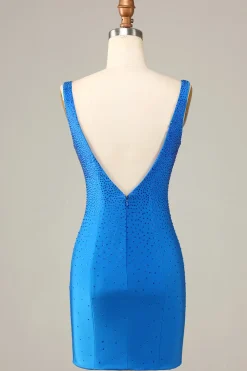 Bainha Deep V Neck Azul Vestido Curto Homecoming com Missangas