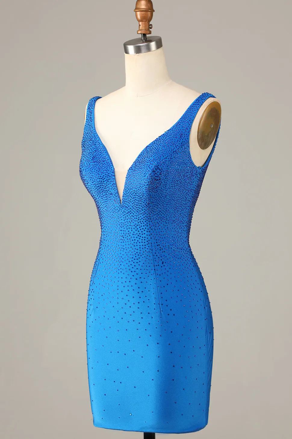 Bainha Deep V Neck Azul Vestido Curto Homecoming com Missangas