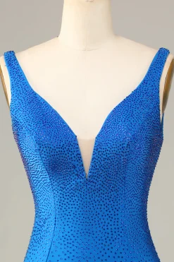 Bainha Deep V Neck Azul Vestido Curto Homecoming com Missangas