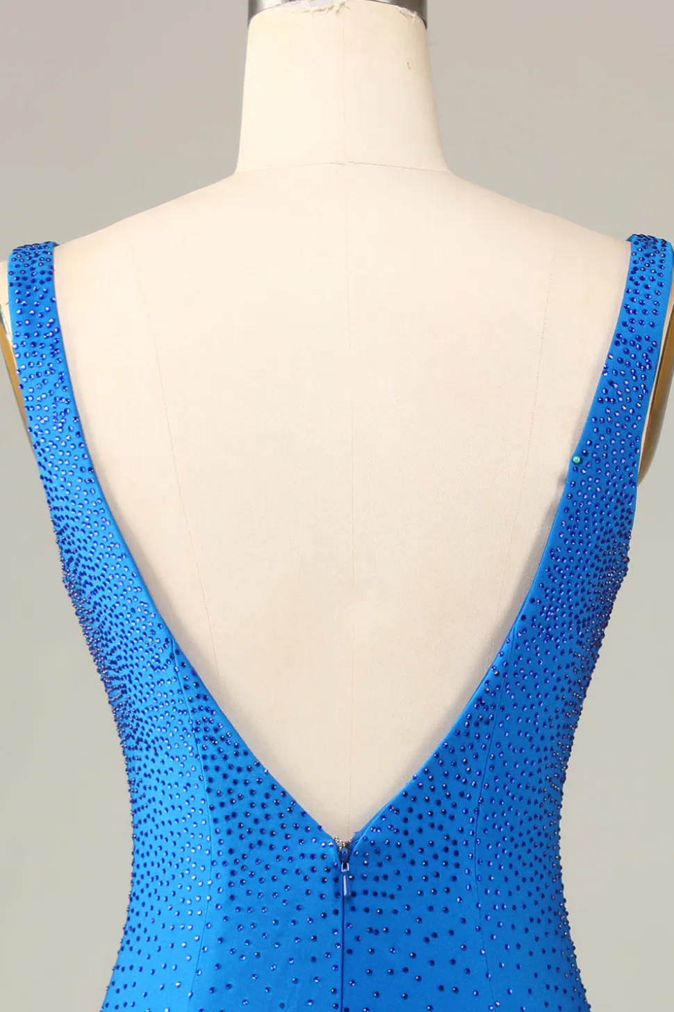 Bainha Deep V Neck Azul Vestido Curto Homecoming com Missangas