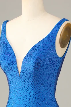 Bainha Deep V Neck Azul Vestido Curto Homecoming com Missangas