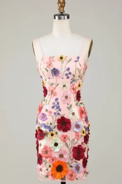 Bainha Espaghetti Correias Blush Homecoming Dress com flores 3D