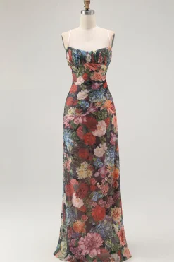 Bainha Espaguete Alças Floral Ruched Vestido de Noiva com Renda para Trás