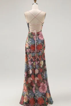 Bainha Espaguete Alças Floral Ruched Vestido de Noiva com Renda para Trás