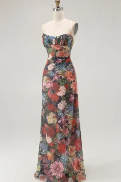 Bainha Espaguete Alças Floral Ruched Vestido de Noiva com Renda para Trás