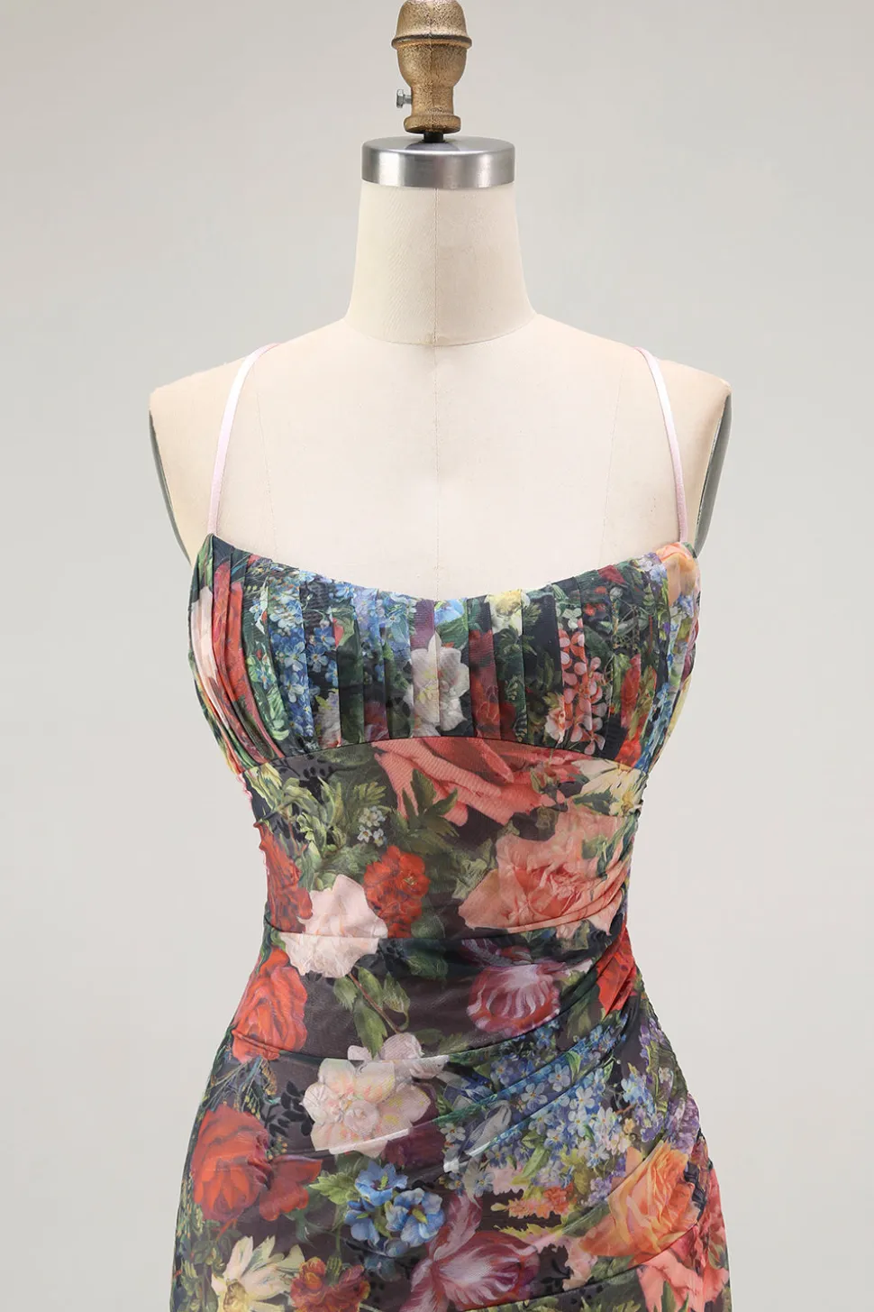 Bainha Espaguete Alças Floral Ruched Vestido de Noiva com Renda para Trás