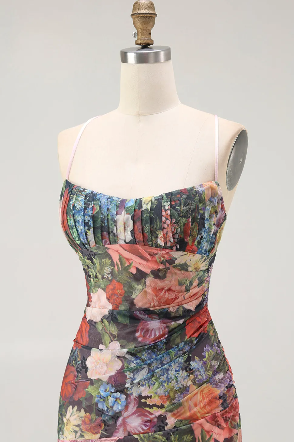 Bainha Espaguete Alças Floral Ruched Vestido de Noiva com Renda para Trás