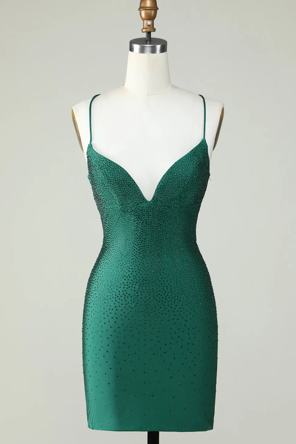 Bainha Espaguete Alças Verde Escuro Vestido Curto Homecoming com Missangas