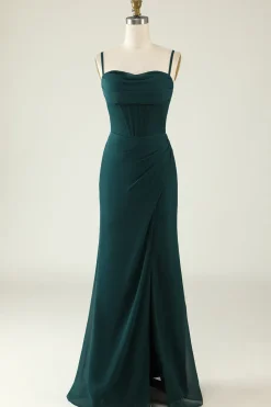 Bainha Espaguete Alças Verde Escuro Longo Vestido de Noiva com Frente Dividida