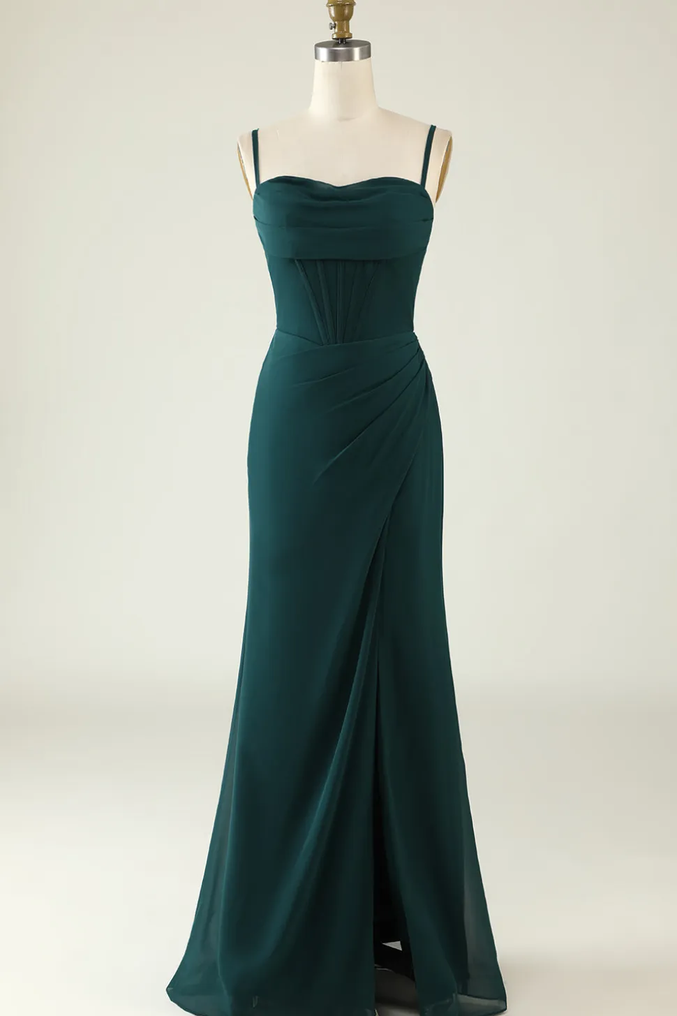 Bainha Espaguete Alças Verde Escuro Longo Vestido de Noiva com Frente Dividida