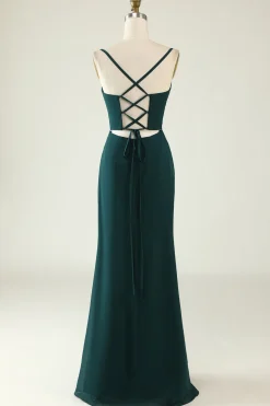Bainha Espaguete Alças Verde Escuro Longo Vestido de Noiva com Frente Dividida