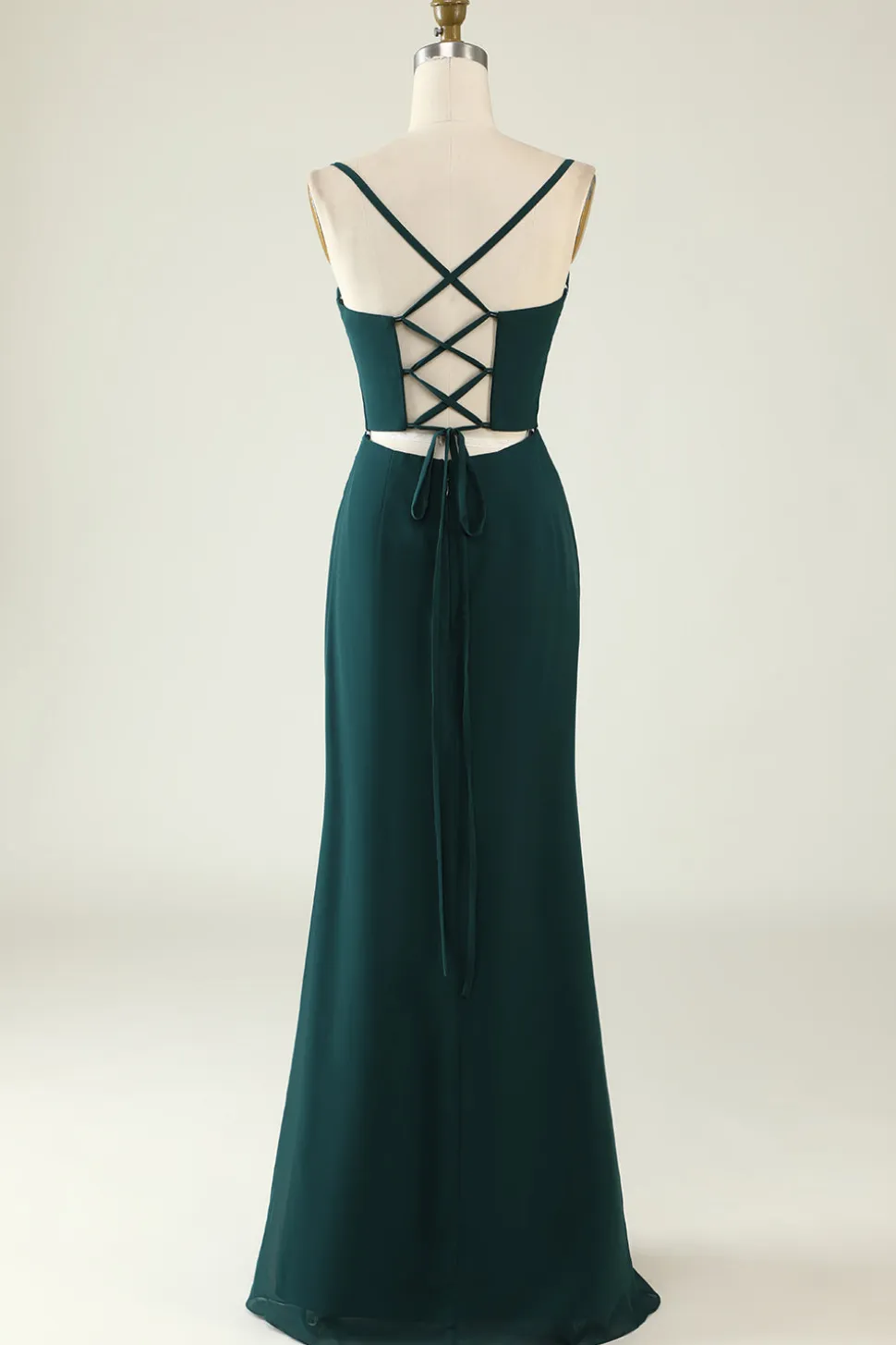 Bainha Espaguete Alças Verde Escuro Longo Vestido de Noiva com Frente Dividida