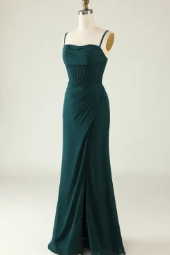 Bainha Espaguete Alças Verde Escuro Longo Vestido de Noiva com Frente Dividida