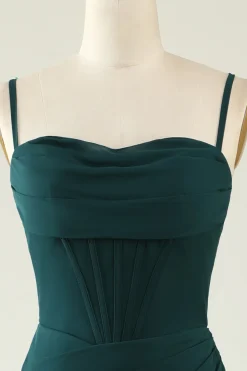 Bainha Espaguete Alças Verde Escuro Longo Vestido de Noiva com Frente Dividida
