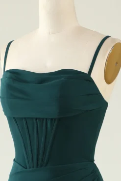 Bainha Espaguete Alças Verde Escuro Longo Vestido de Noiva com Frente Dividida