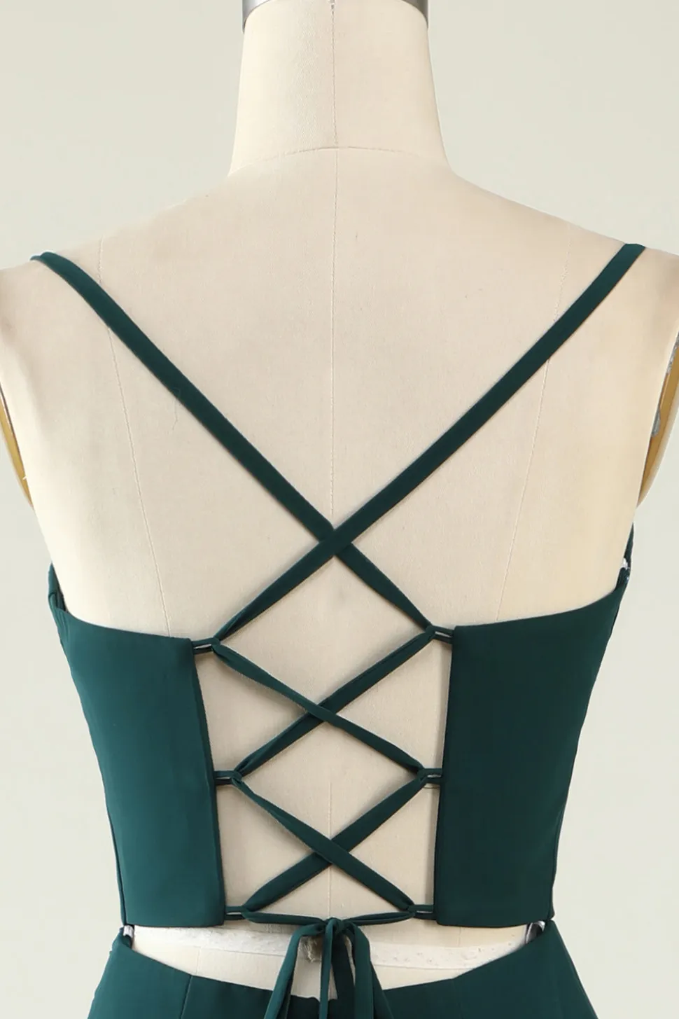 Bainha Espaguete Alças Verde Escuro Longo Vestido de Noiva com Frente Dividida