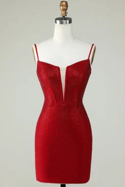 Bainha Espaguete Alças Vermelho Vestido Curto Homecoming com Missangas