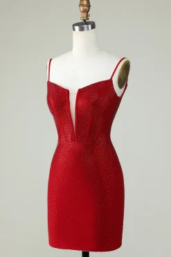 Bainha Espaguete Alças Vermelho Vestido Curto Homecoming com Missangas