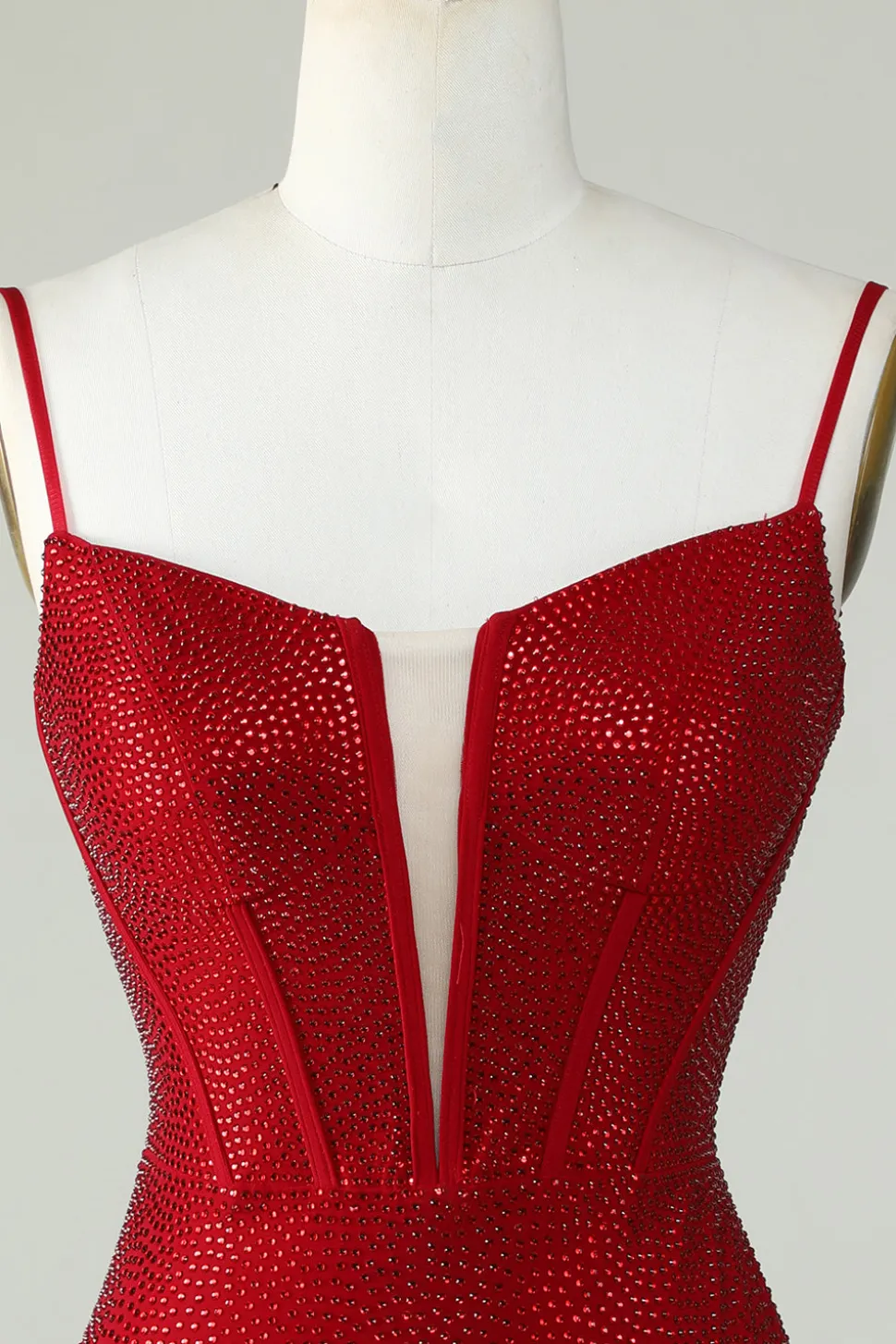 Bainha Espaguete Alças Vermelho Vestido Curto Homecoming com Missangas