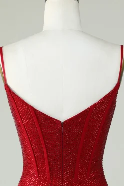 Bainha Espaguete Alças Vermelho Vestido Curto Homecoming com Missangas