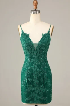 Bainha Espaguete Alças Verde Escuro Vestido Curto Homecoming com Apliques