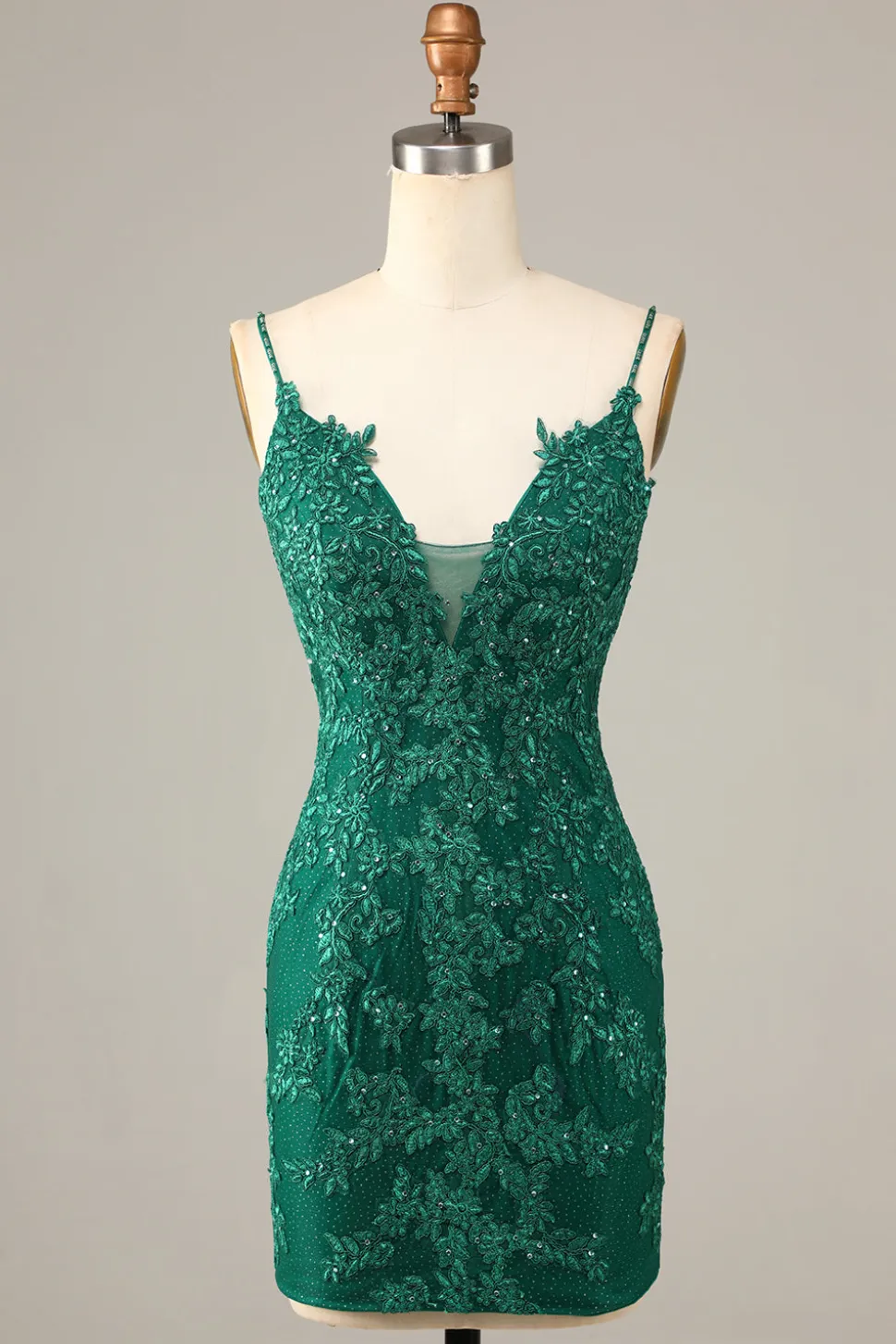 Bainha Espaguete Alças Verde Escuro Vestido Curto Homecoming com Apliques