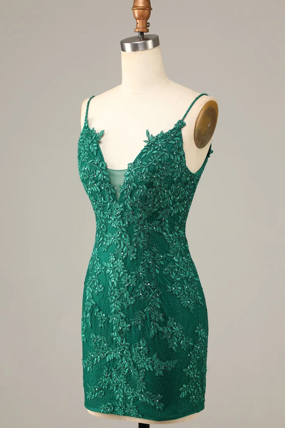 Bainha Espaguete Alças Verde Escuro Vestido Curto Homecoming com Apliques