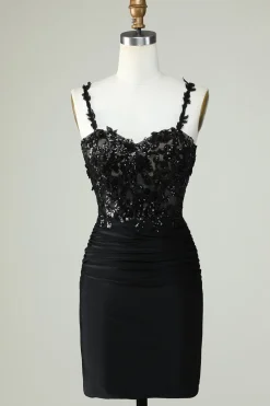 Bainha Espaguete Correias Preto Vestido Curto Homecoming com Appiques