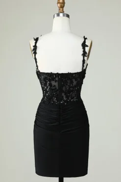 Bainha Espaguete Correias Preto Vestido Curto Homecoming com Appiques