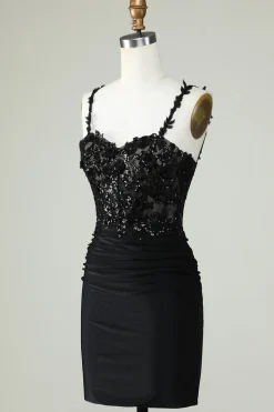 Bainha Espaguete Correias Preto Vestido Curto Homecoming com Appiques