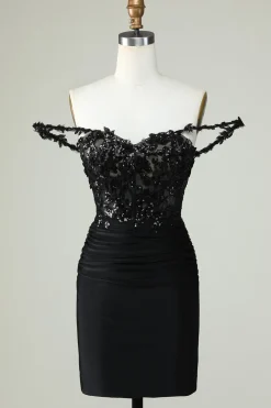 Bainha Espaguete Correias Preto Vestido Curto Homecoming com Appiques