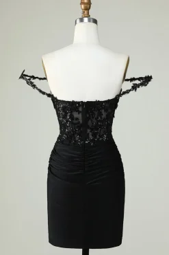 Bainha Espaguete Correias Preto Vestido Curto Homecoming com Appiques