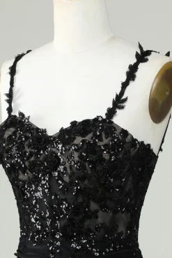 Bainha Espaguete Correias Preto Vestido Curto Homecoming com Appiques