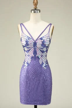 Bainha Espaguete Correias Roxo Sequins Vestido Curto Homecoming